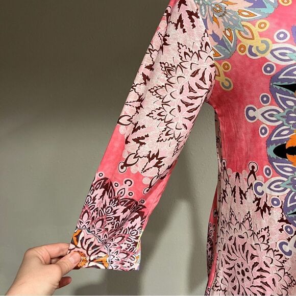 3/4 Sleeve Damask Floral Printed Tunic Dress Bohemian Swing Casual - Picture 3 of 12